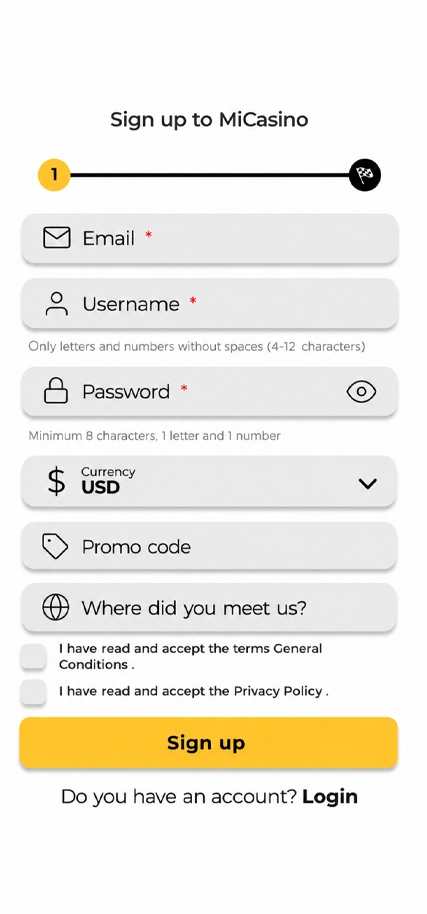 Registro de una cuenta en la aplicación MiCasino Perú